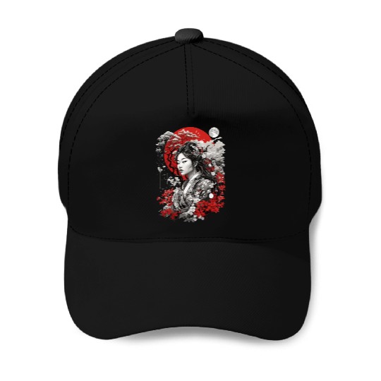 Red White Black Asian Design Baseball Caps