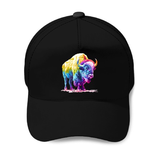 Vibrant Rainbow Buffalo Artwork Baseball Caps