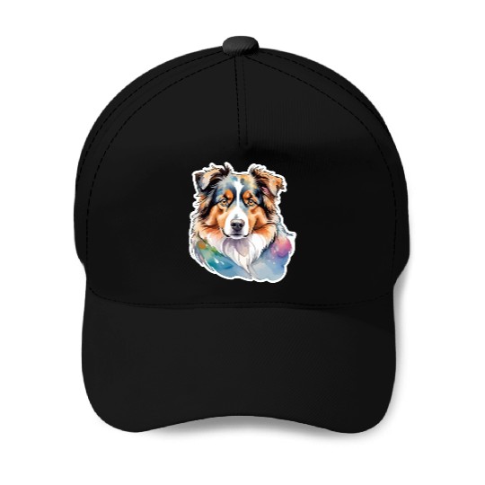 Australian Shepherd Watercolor Baseball Caps