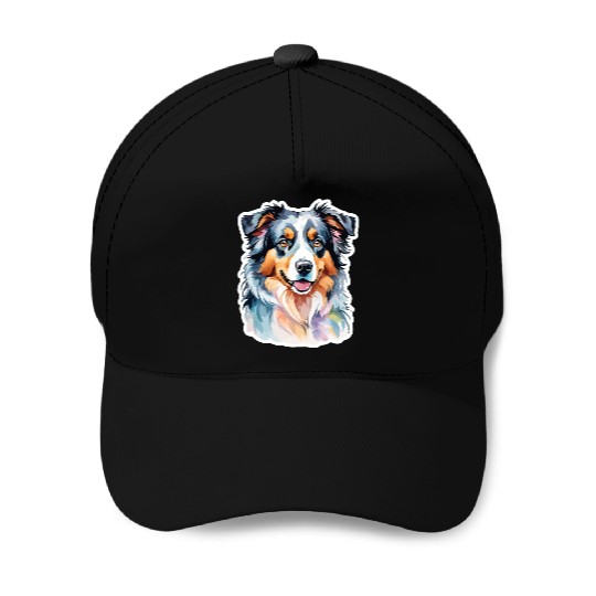 Australian Shepherd Watercolor Baseball Caps