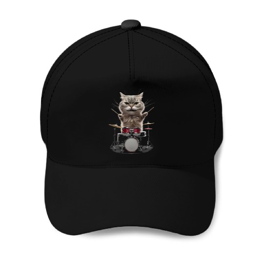 Cat Playing Drums Realistic Baseball Caps
