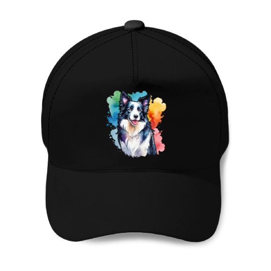 Border Collie Watercolor Baseball Caps