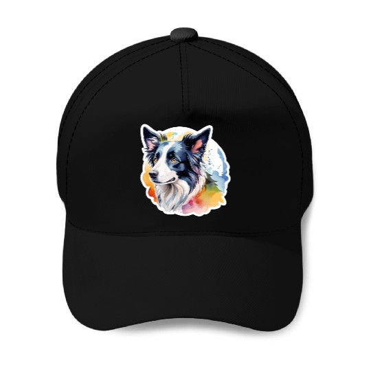 Border Collie Watercolor Baseball Caps
