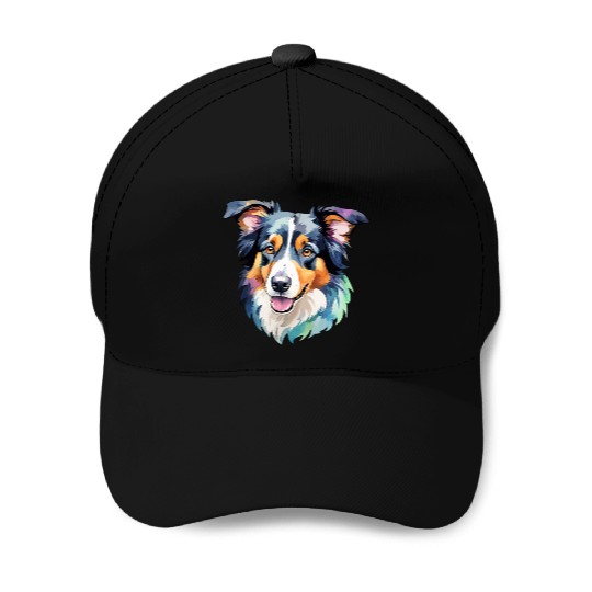 Border Collie Watercolor Baseball Caps
