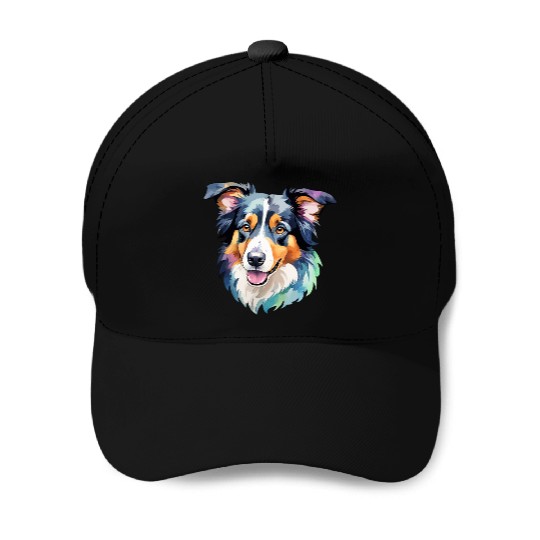 Border Collie Watercolor Baseball Caps