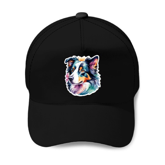 Border Collie Watercolor Baseball Caps