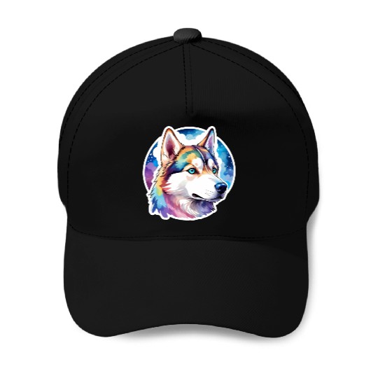 Siberian Husky Watercolor Baseball Caps
