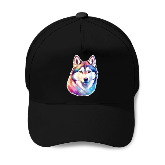 Siberian Husky Watercolor Baseball Caps