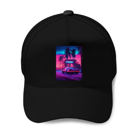 Retro Synthwave Night Drive Baseball Caps