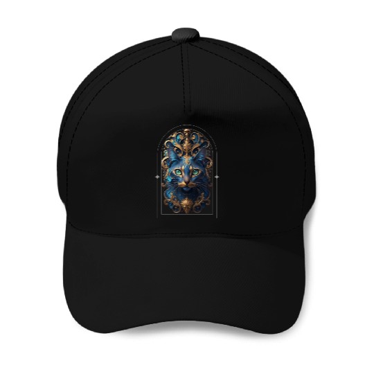Elegant stylish blue and gold cat face Baseball Caps