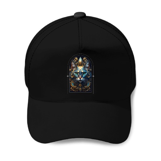 Elegant stylish blue and gold cat face Baseball Caps