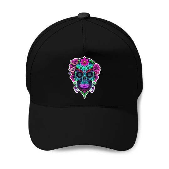 A vibrant and abstract sugar skull Calavera Baseball Caps