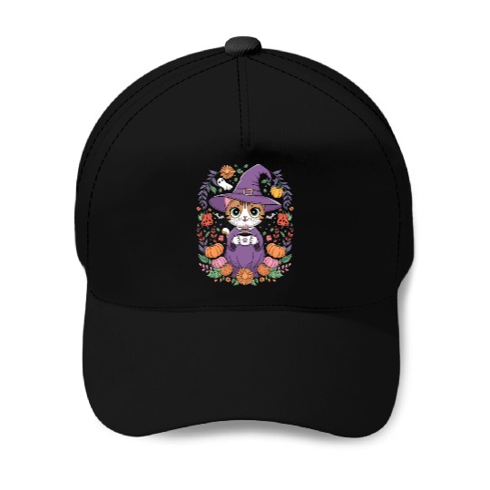 Halloween Cute Witch Cat with Coffee Mug Baseball Caps