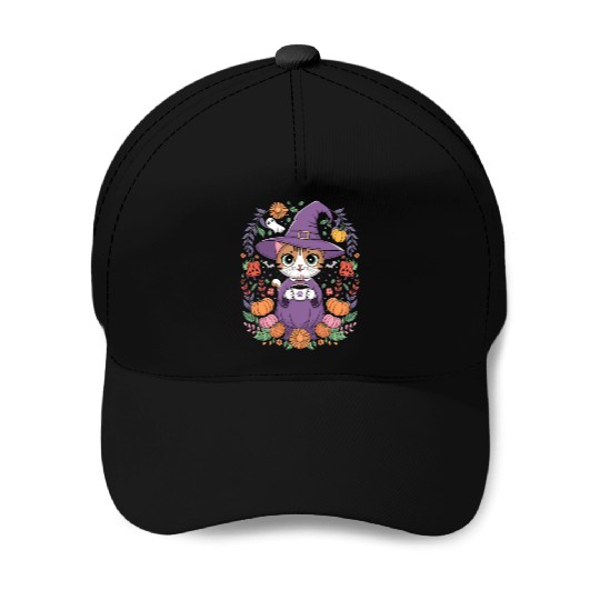Halloween Cute Witch Cat with Coffee Mug Baseball Caps