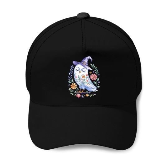 Halloween Owl with Floral Witch Hat Baseball Caps