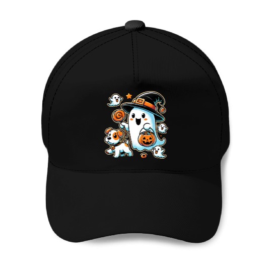 Spooky Ghost and Puppy - Halloween Trick or Treat Baseball Caps