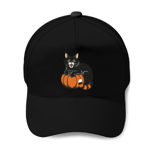 Surprised Halloween Cat With Pumpkin Vintage Style Baseball Caps