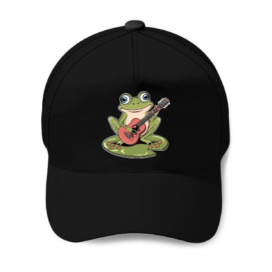 Frog Playing Guitar On Lily Pad Baseball Caps