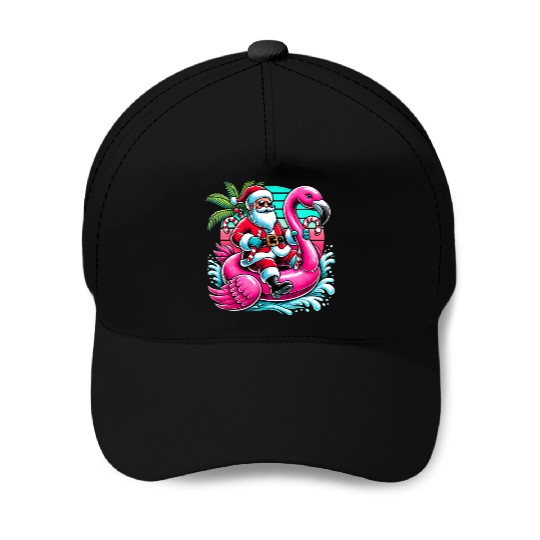 Santa Riding Flamingo in Tropical Christmas Fun Baseball Caps