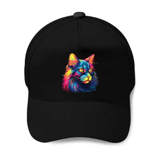 Cat Watercolor Colorful Maine Cat Baseball Caps