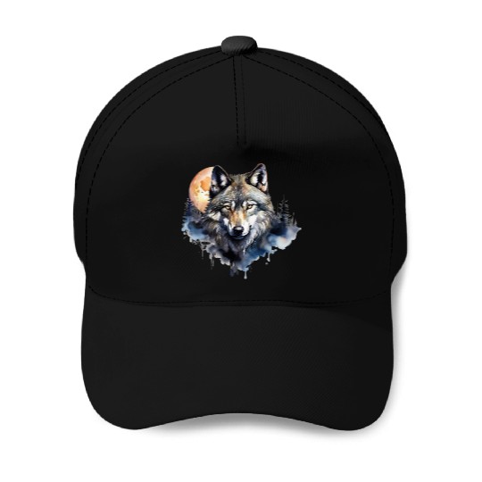 Wolf Portrait Under Full Moon Design Baseball Caps