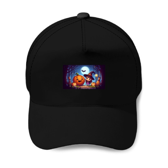 Halloween Witch and Jack-o'-Lantern Scene Baseball Caps