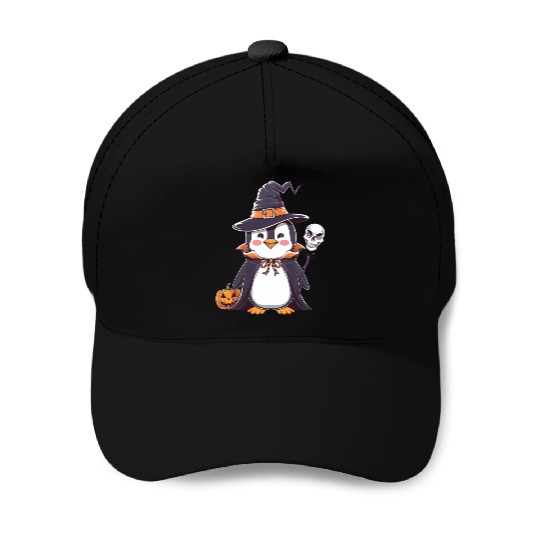 Penguin Halloween Sorcerer with Pumpkin and Skull Baseball Caps