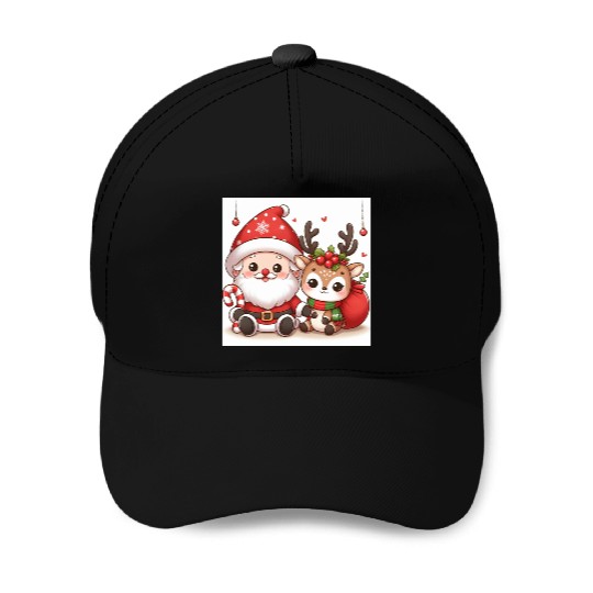 Festive Santa and Reindeer Illustration Baseball Caps