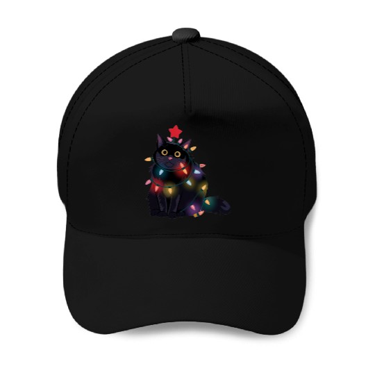 Festive Christmas Lights Cat Baseball Caps
