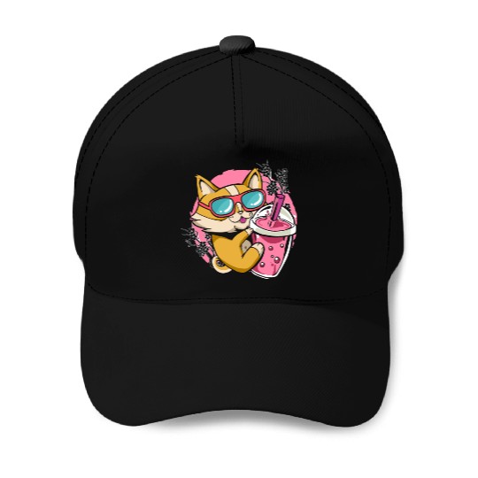 Kitten Kawaii Boba Milk Tea Drinking Cat Baseball Caps