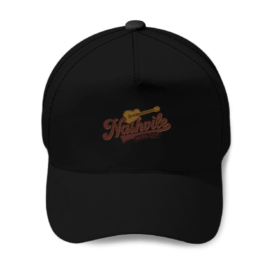 Nashville Music City Logo with Guitar Illustration Baseball Caps