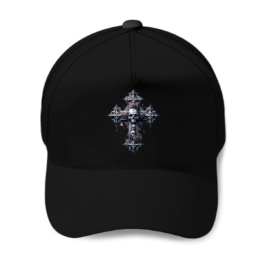 Gothic Cross Collection - Skulls and Red Roses Baseball Caps