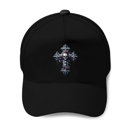 Gothic Cross Collection - Skulls and Red Roses Baseball Caps