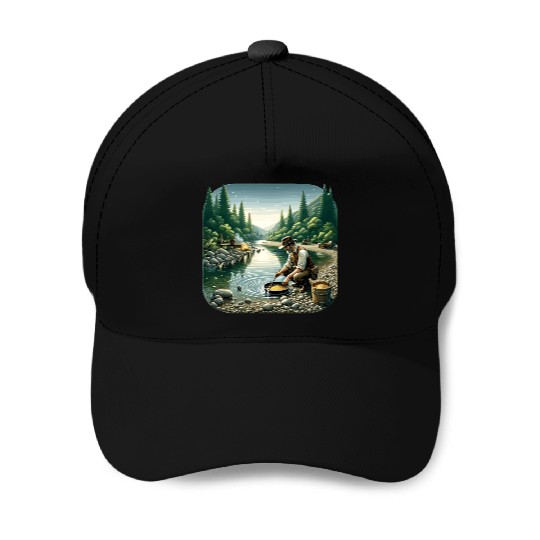 Gold Prospector by the River in a Serene Forest Baseball Caps