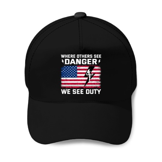 American Flag Lineman Duty Danger Baseball Caps
