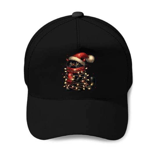 Black Cat In Christmas Light, Cat Lights Baseball Caps