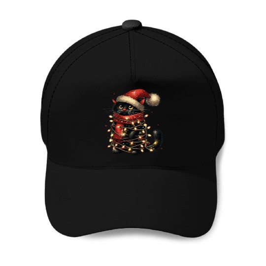 Black Cat In Christmas Light, Cat Lights Baseball Caps