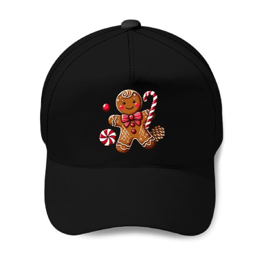 Happy gingerbread man with candy cane Baseball Caps