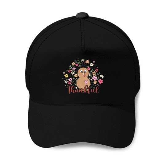 Thankful Floral Turkey Natural Cute Thanksgiving Baseball Caps