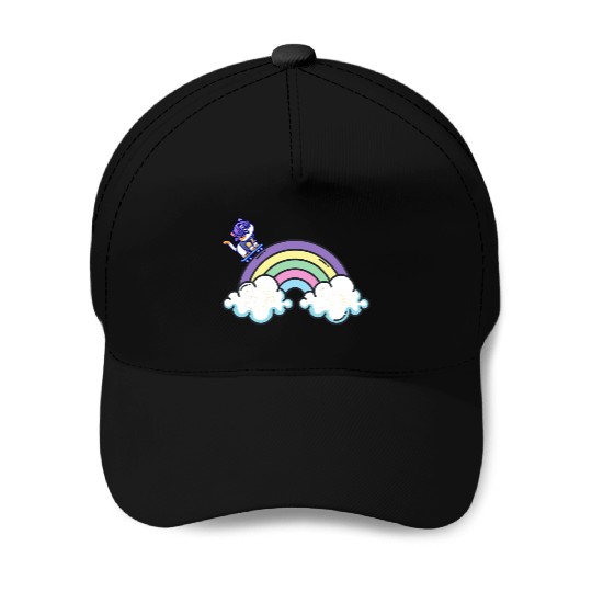Rainbow Ride: The Skateboarding Cat Baseball Caps