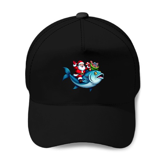 Santa on Bass Merry Fishmas Fishing Christmas Baseball Caps