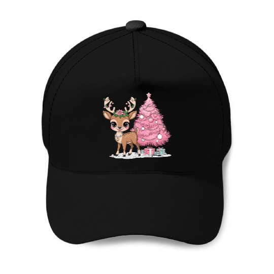 Coquette Christmas Reindeer Baseball Caps