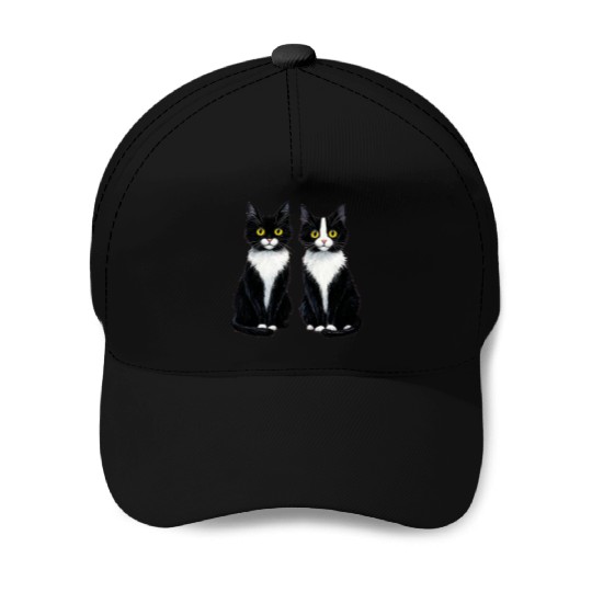 Elegant Black and White Cat Illustration Baseball Caps