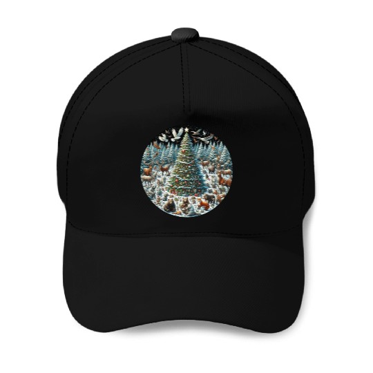 Snow-Dusted Christmas Tree with Woodland Animals Baseball Caps