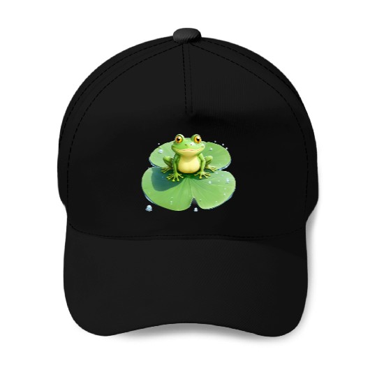 Cheerful Frog on Lily Pad Baseball Caps
