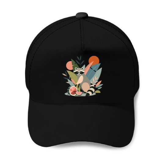 Raccoon with tropical plants and melons Baseball Caps