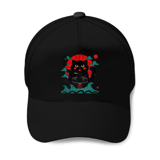 Kawaii Black Cat Eating Ramen Noodles Japanese Baseball Caps
