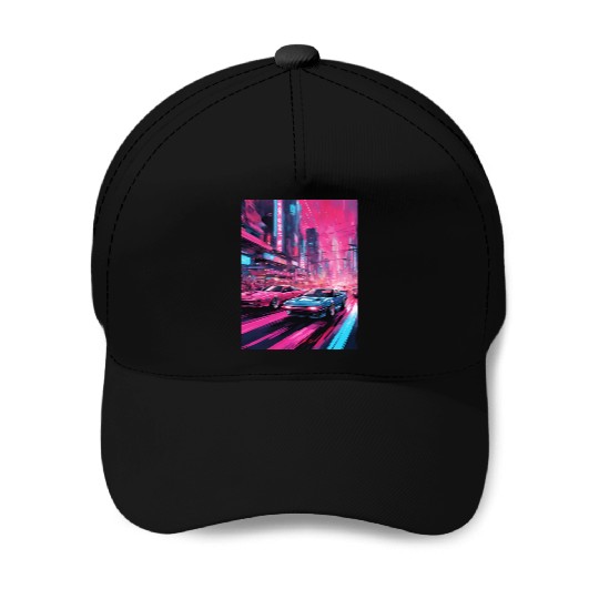 Street racers in downtown Tokyo Vaporwave Baseball Caps
