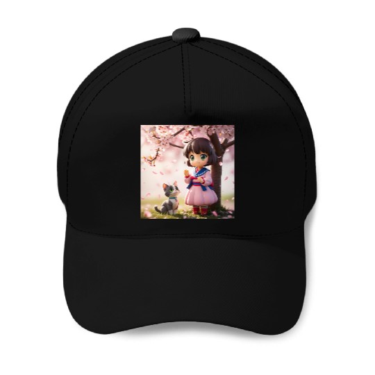 An anime character with a cute cat Baseball Caps