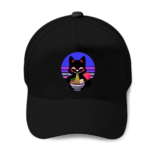 Cat Eating Ramen Noodles Kawaii Anime Japanese Baseball Caps